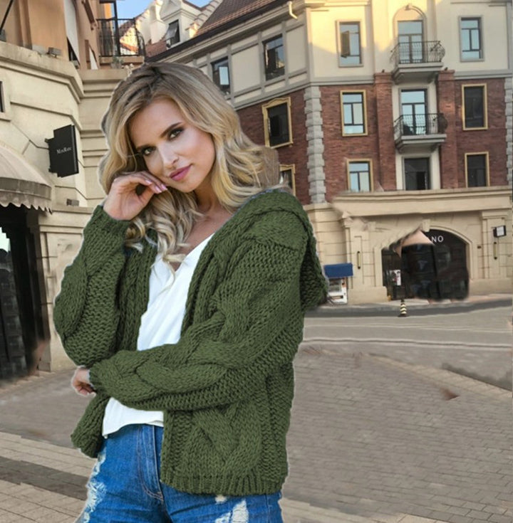 Thick knit jacket for women with hood and elegant cable pattern Lune Londonl