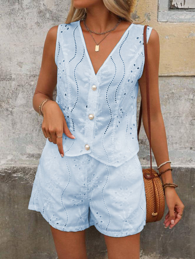 Lune London embroidered eyelet blouse and shorts set for women