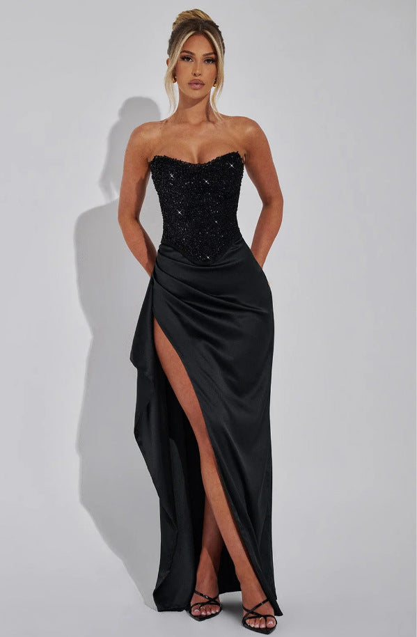 Ladies High Neck Evening Dress with Transparent Top and Side Slit