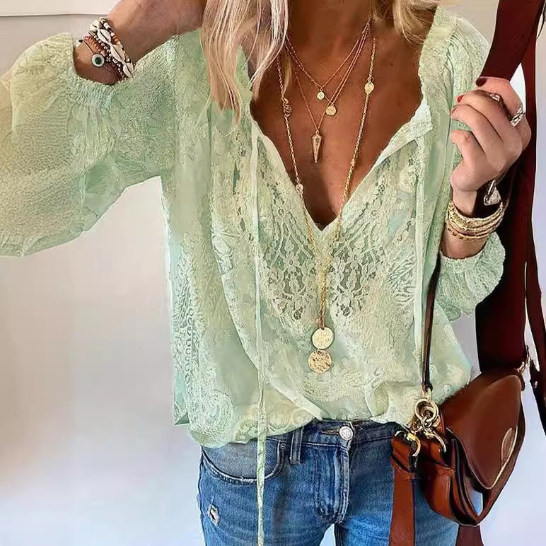 Ladies Elegant and Feminine Blouse with V-Neck and Lace Accents Lune London