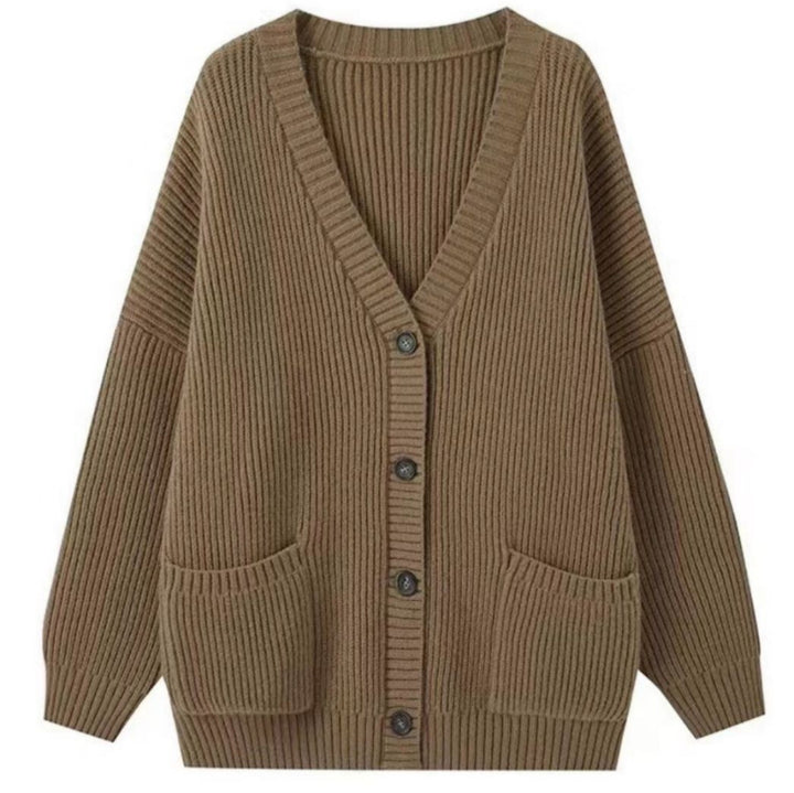 Women Chunky Knit Cardigan with Pockets and Deep V Neck Lune London