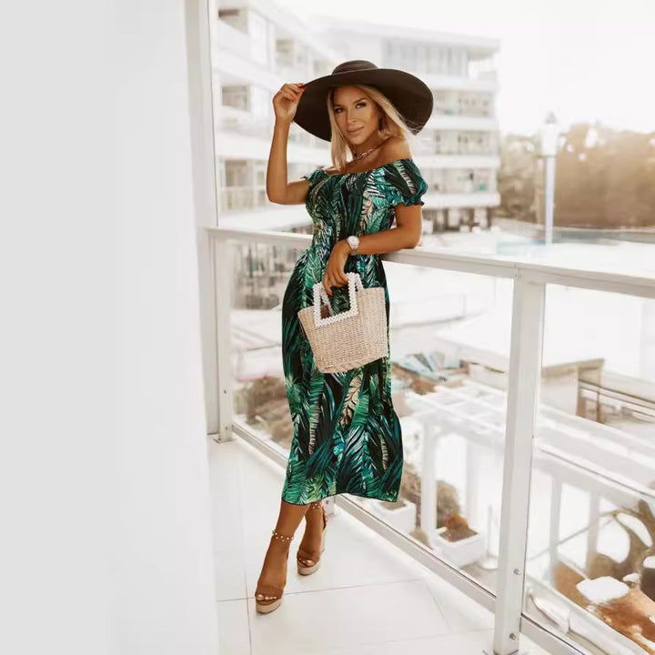 Maxi off-shoulder dress for women with tropical leaves Lune London