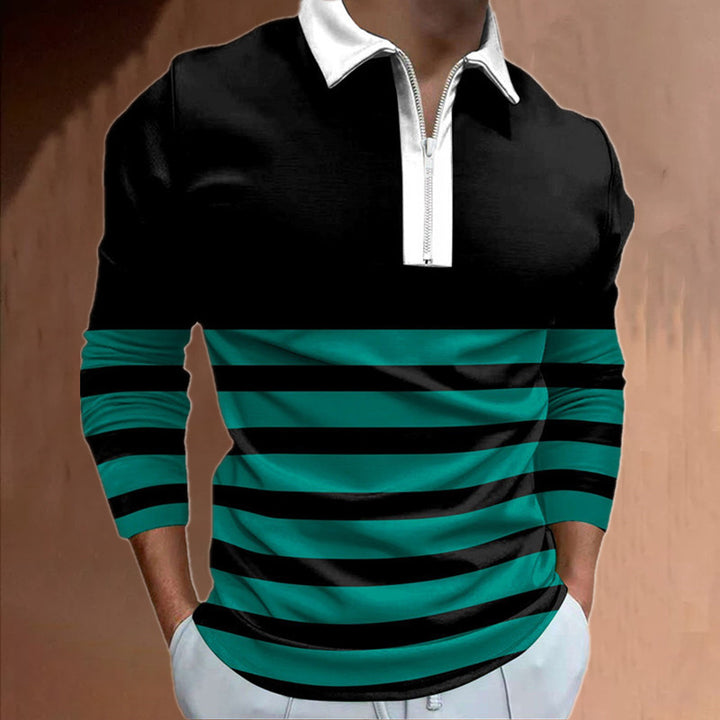 Men's long sleeve polo with sporty striped detail and high-quality zipper Lune London