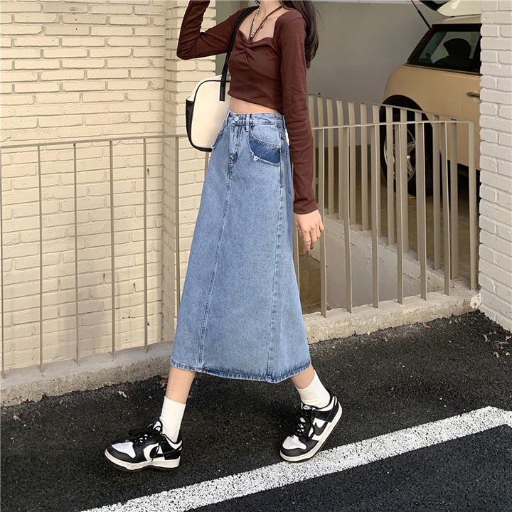 Jupe maxi en denim pour femmes avec taille haute et fente latérale Chic & Stil