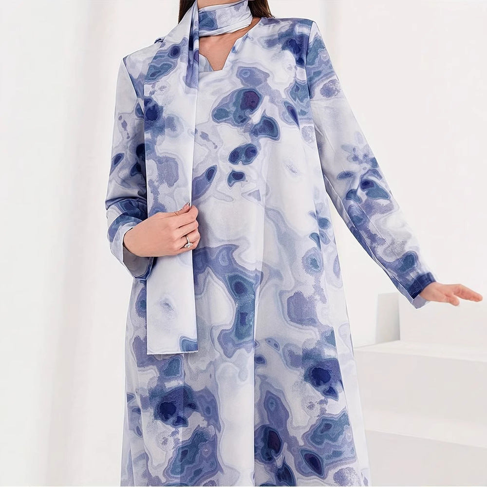 Maxi dress for women with artistic pattern and elegant high collar Lune London