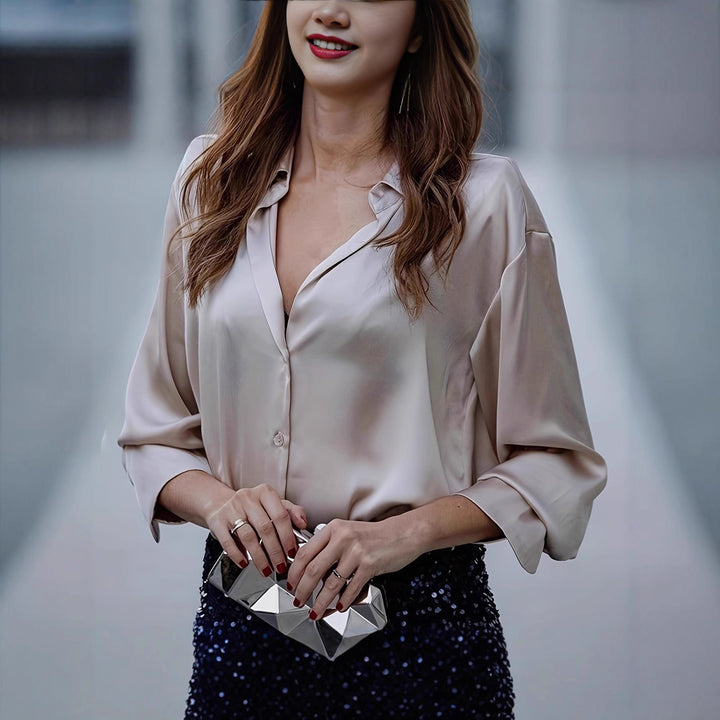 Ladies elegant silk blouse with minimalist button details Lune London