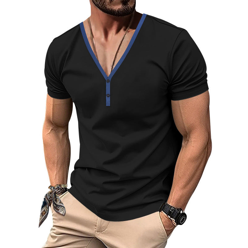 Men's V-neck T-shirt with button placket and contrasting detail Lune London
