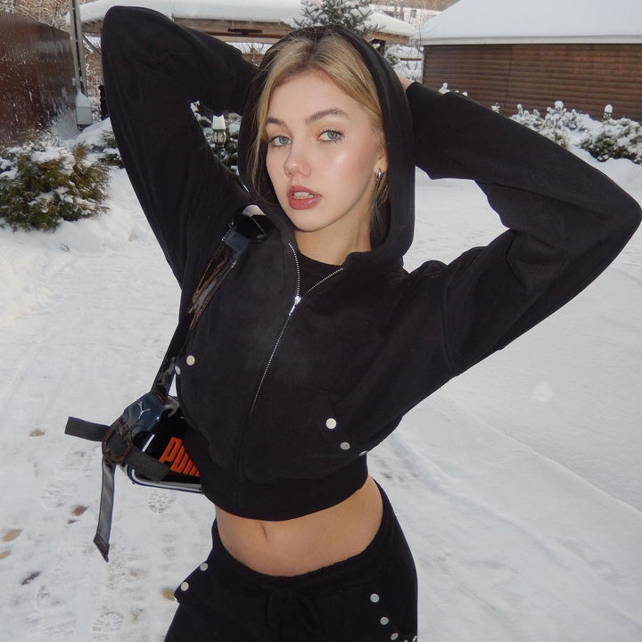 Ladies sweat-crop hoodie with innovative snap button details Lune London