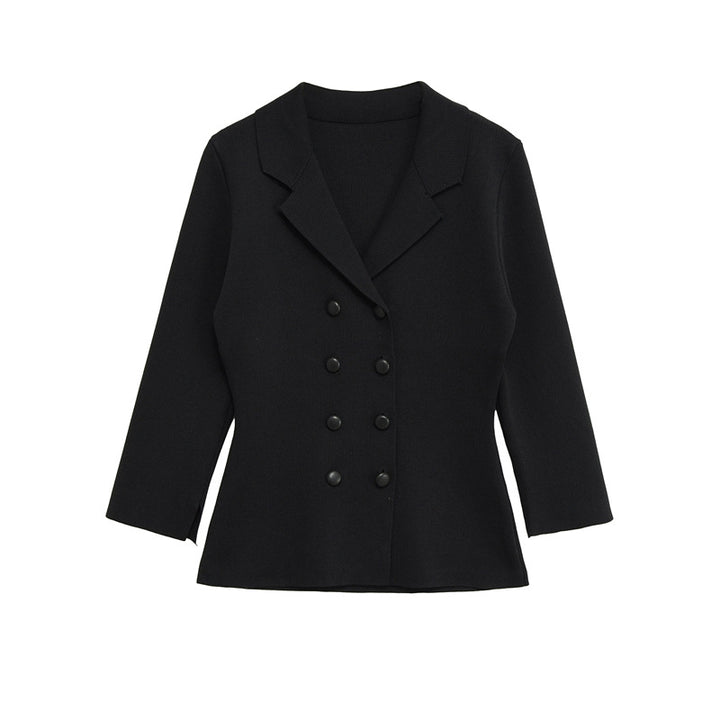 Elegant blazer jacket for women with a modern design featuring a double-breasted button row Lune London