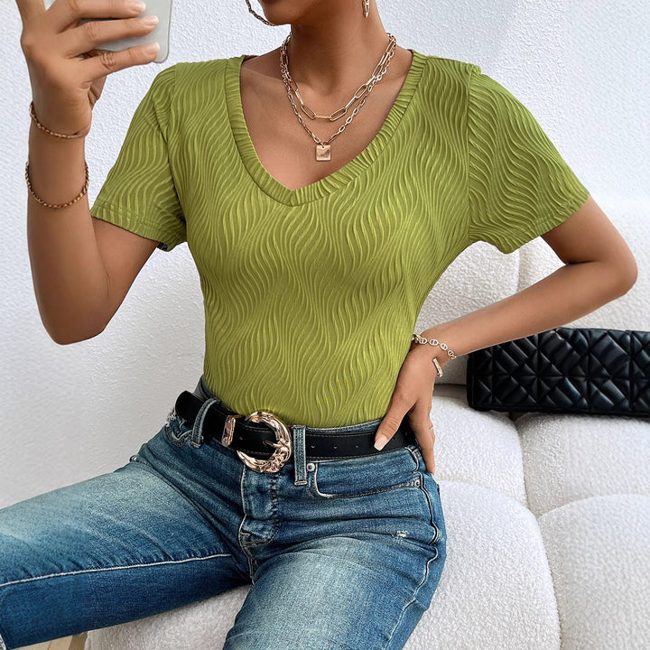 Women’s V Neck Short Sleeve Blouse with Fine Rib Structure Chic & Style