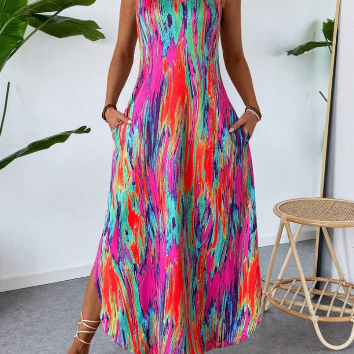 Vibrant Abstract Maxi Dress for Women with Chic Ruffle Hem and Style