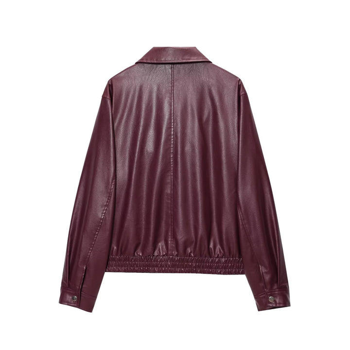 Fashionable faux leather jacket for women with elastic belt and high collar Lune London