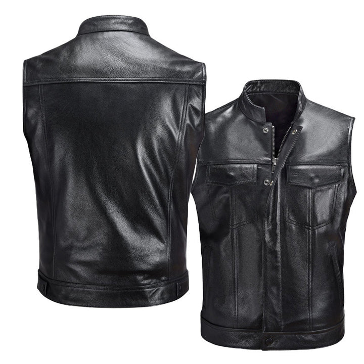 Leather gilet for men with bellows pockets and modern stand-up collar Lune London