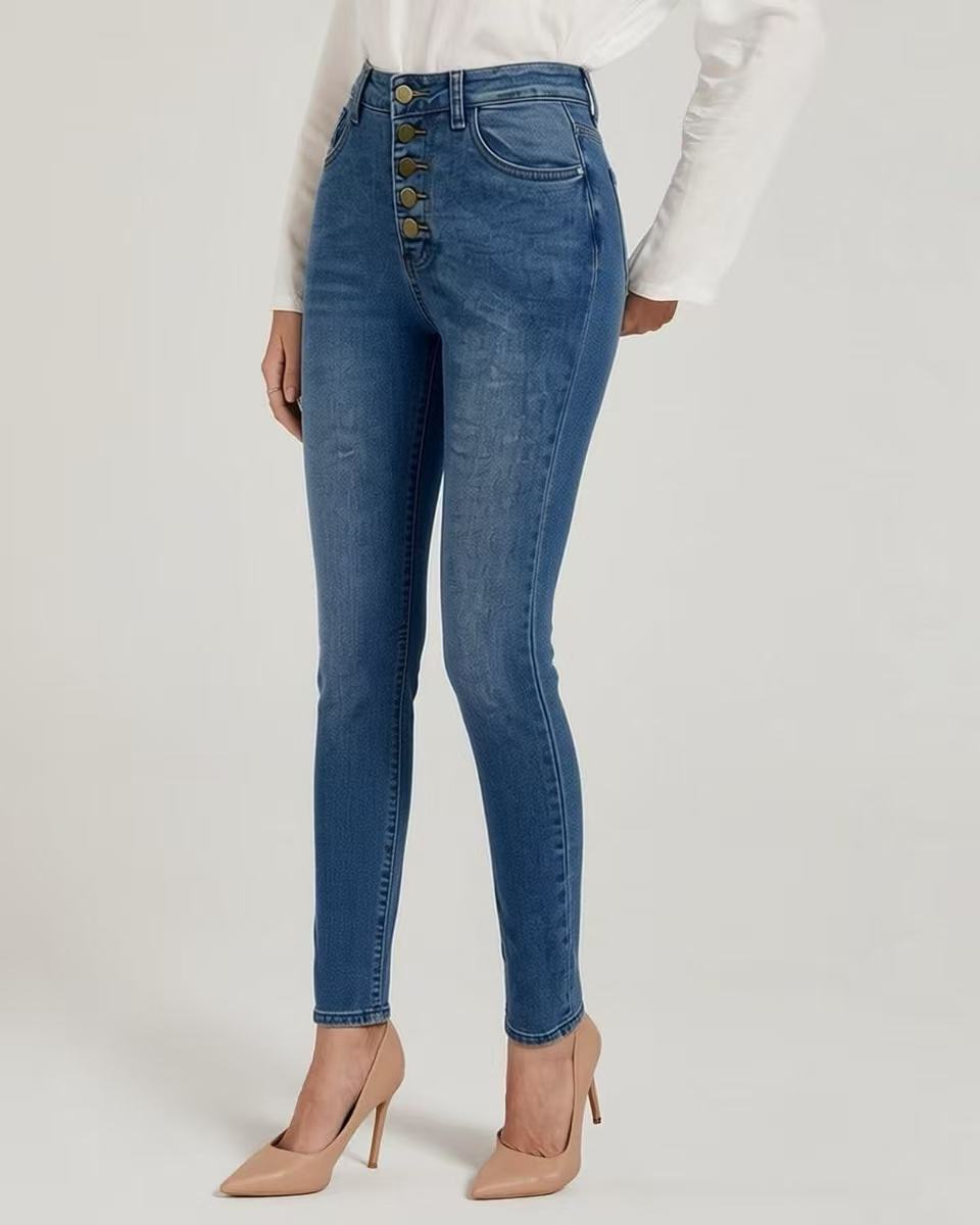 Women's Slim-Fit Jeans with Elegant Button Placket and High Waist Lune London