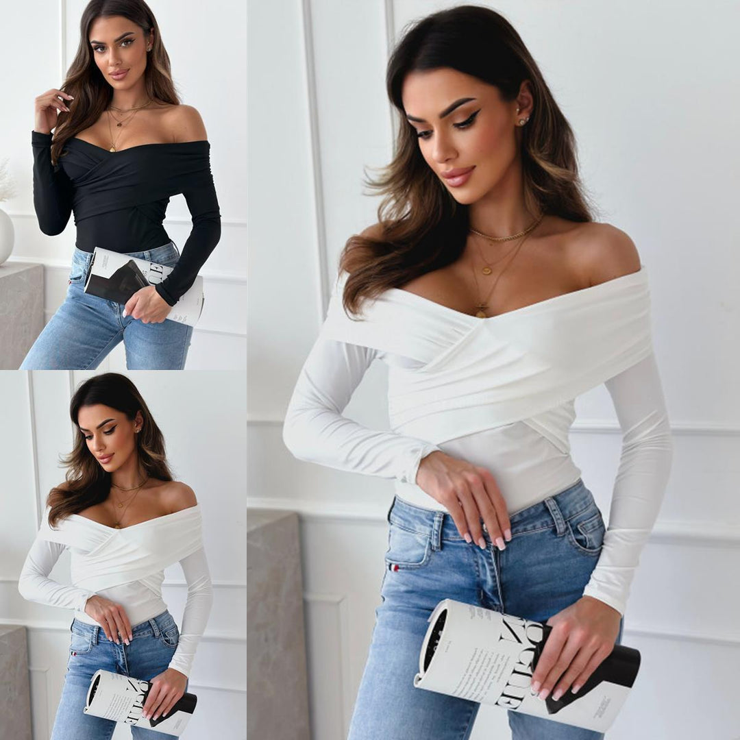 Ladies Elegant crossover top with off-the-shoulder design and long sleeves Lune London