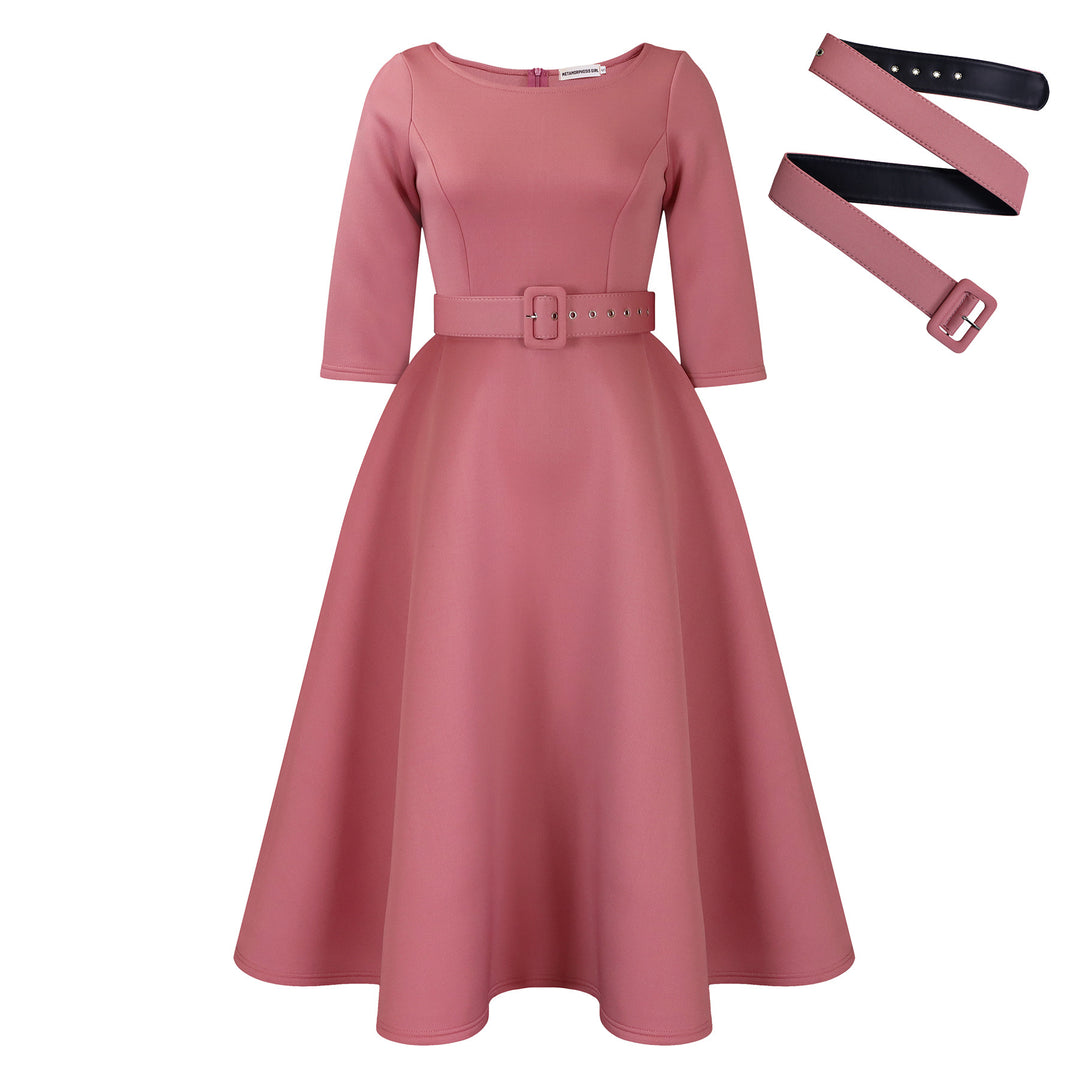 Elegant A-line dress for women with belt and ¾ sleeves Lune London