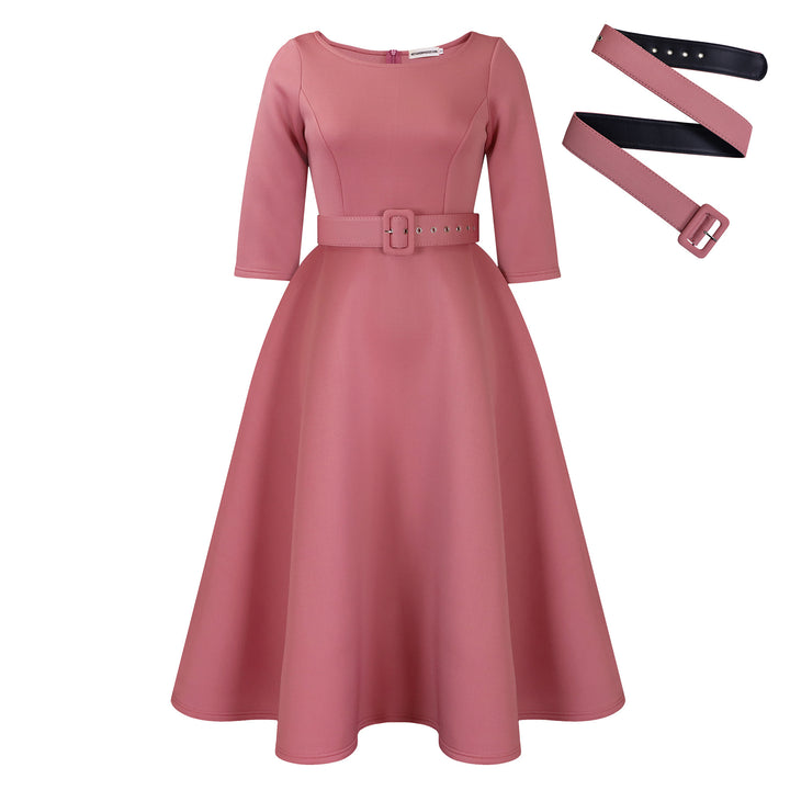 Elegant A-line dress for women with belt and ¾ sleeves Lune London