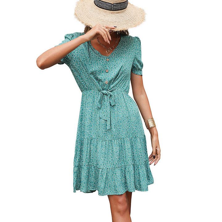 Fluid dress with front tie for women with ruffled hem Lune London
