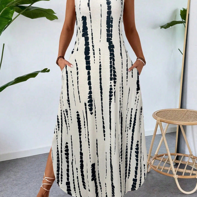 Vibrant Abstract Maxi Dress for Women with Chic Ruffle Hem and Style