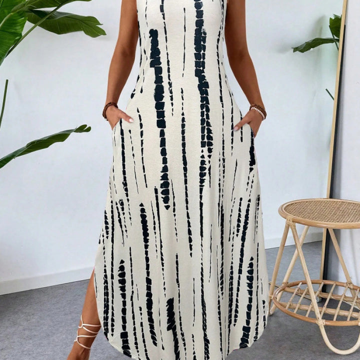 Vibrant Abstract Maxi Dress for Women with Chic Ruffle Hem and Style