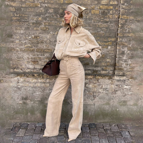 Women Quilted Leather Jacket and High Waisted Pants Lune London