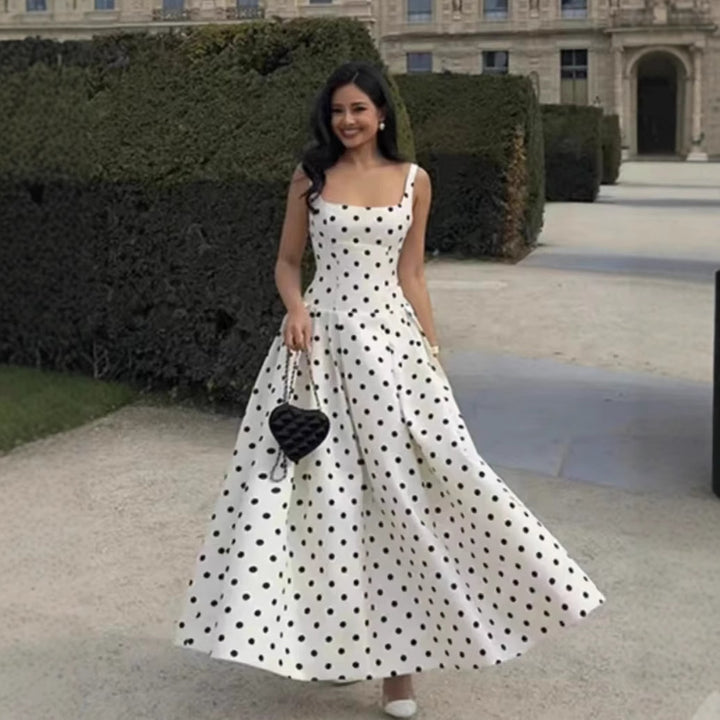 Polka dot cocktail dress for women with refined skirt Lune London