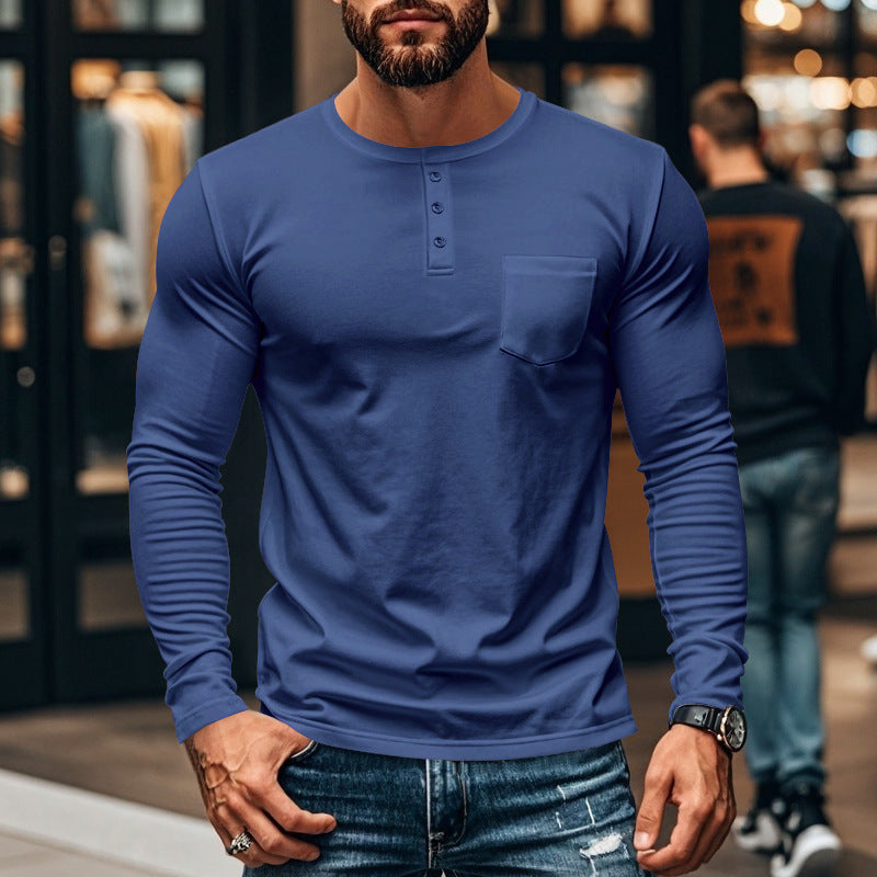 Men's long-sleeve shirt with modern Henley neckline and practical chest pocket Chic and style