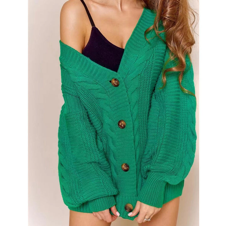 Ladies large knit cardigan with romantic cable design and large buttons Lune London