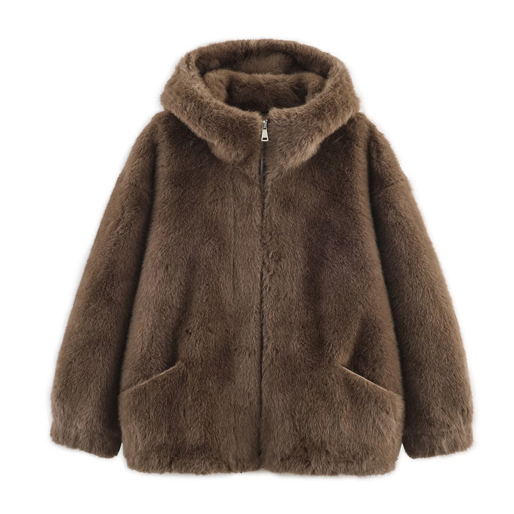 Ladies Cozy and luxurious faux fur jacket with hood and practical pockets Lune London