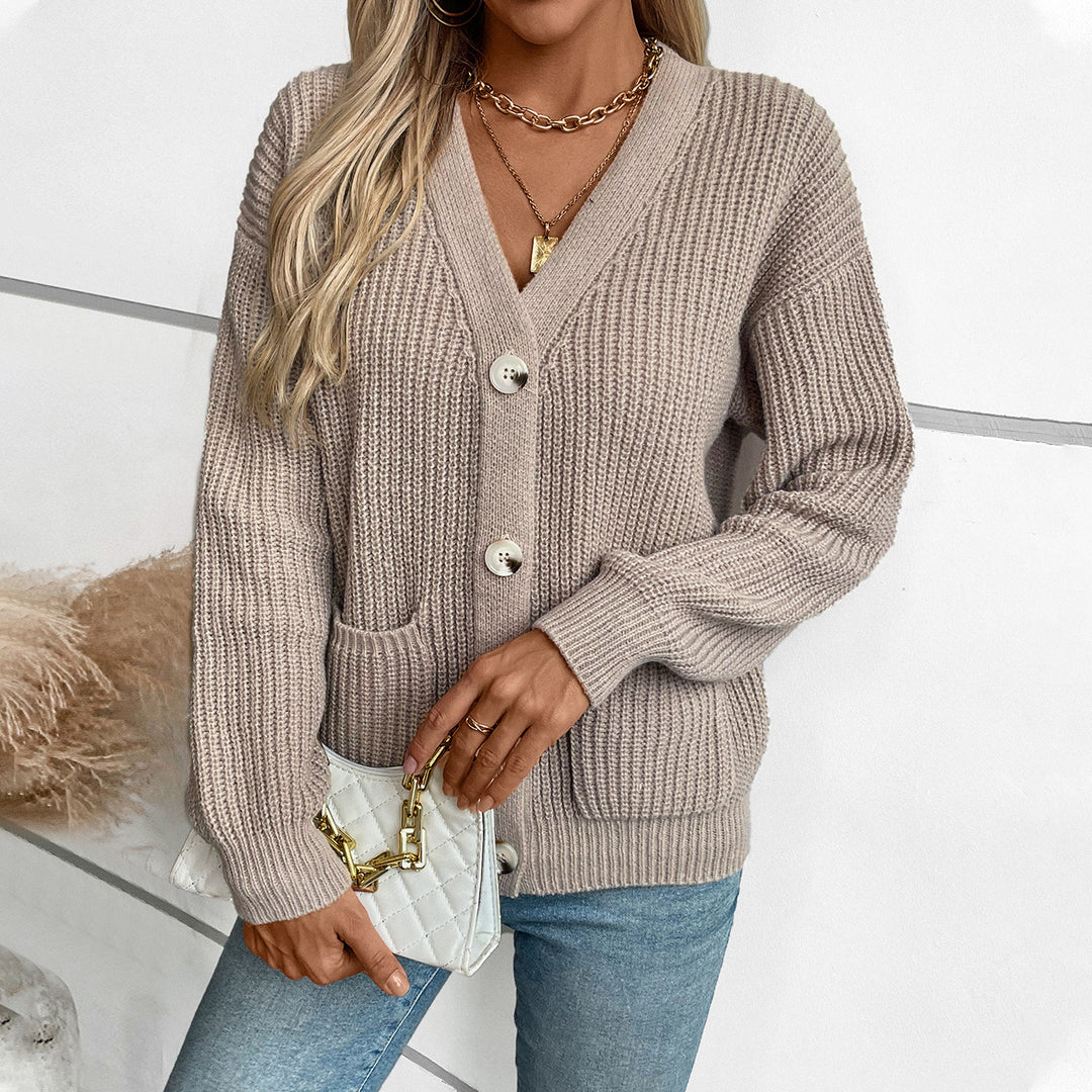 Knit jacket for women with deep V-neck and practical pockets Lune London