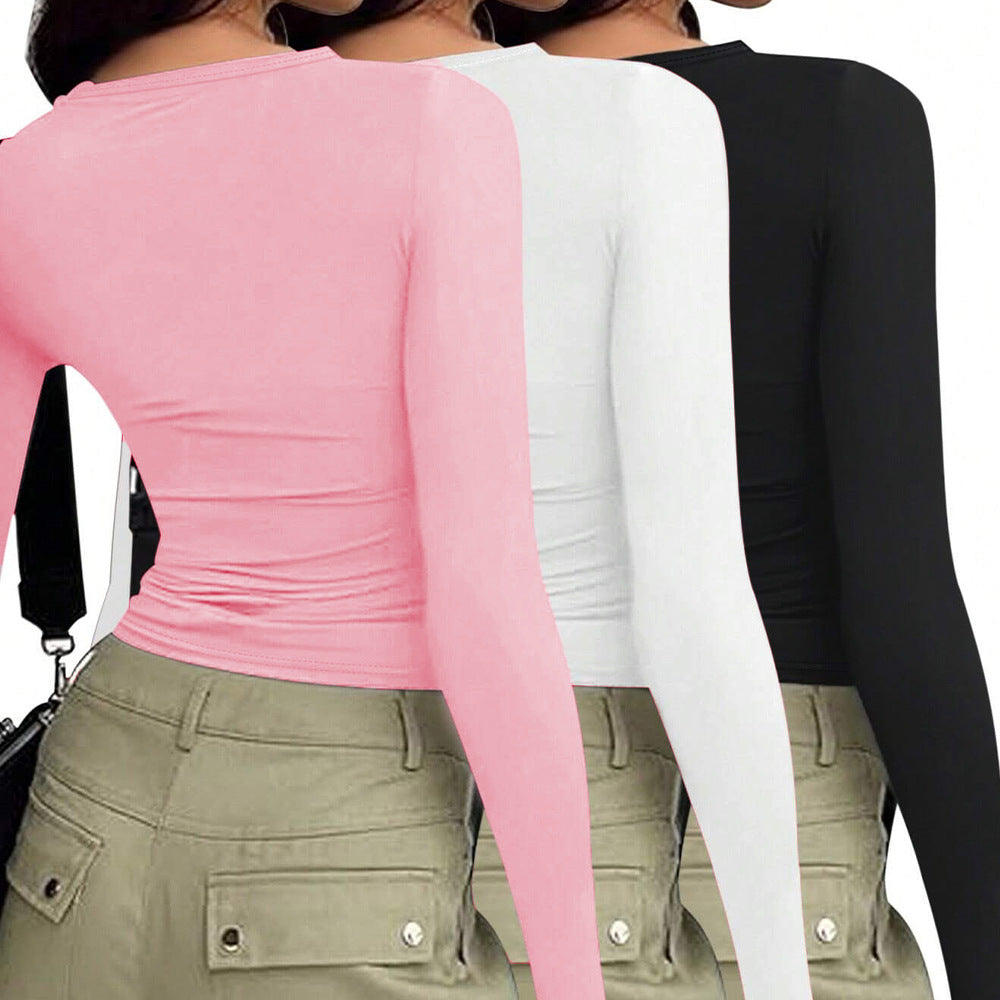 Chemise basique à manches longues pour dames avec un élégant col rond Chic & Stil