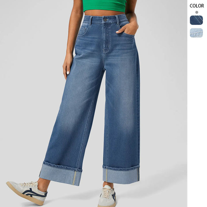 Pantalons en denim à large coupe pour femmes avec ourlet à revers Chic & Stil