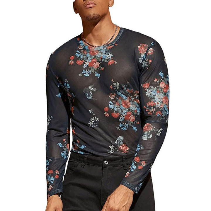 Men Long Sleeve T-shirt with Floral Pattern and Sheer Fabric Lune London