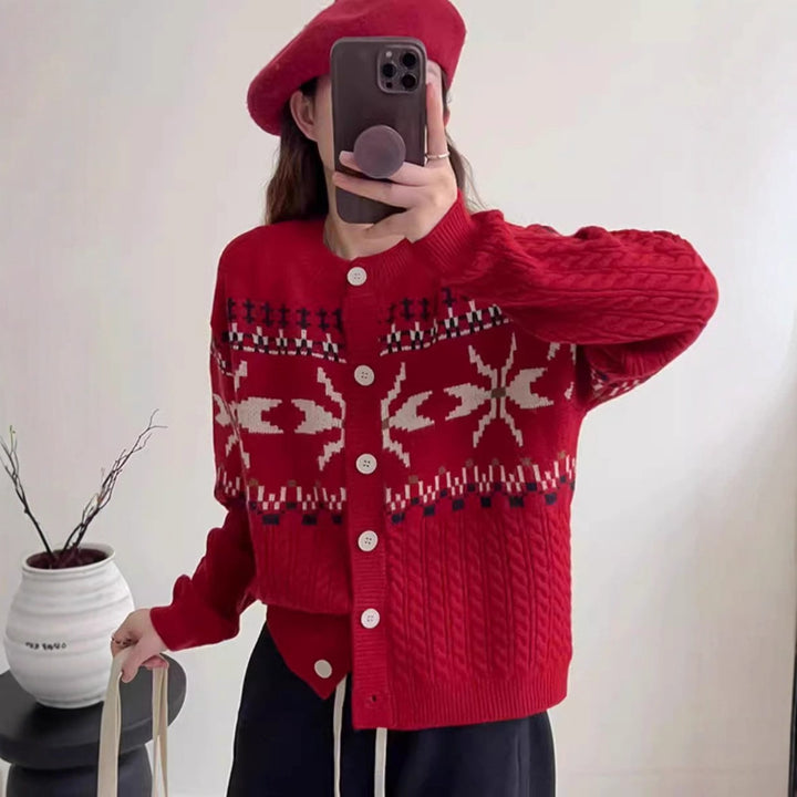 Women's knitted jacket with traditional patterns and large buttons Lune London