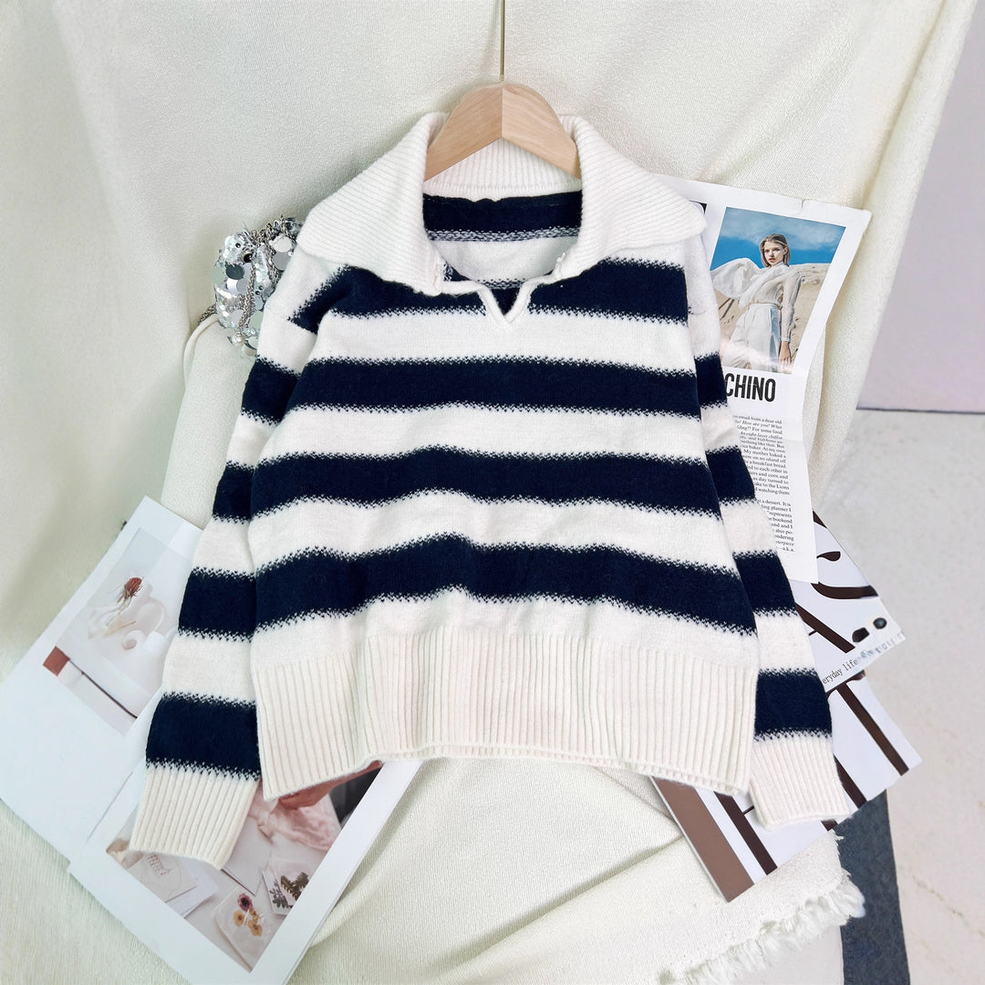Pull rayé pour femmes avec col polo moderne et taille élastique Chic & Stil