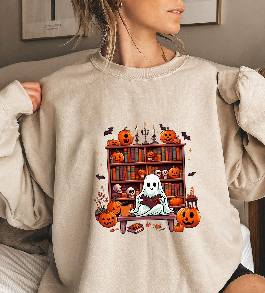Sweat-shirt femme avec motif automnal effrayant et manches bouffantes décontractées Chic & Stil