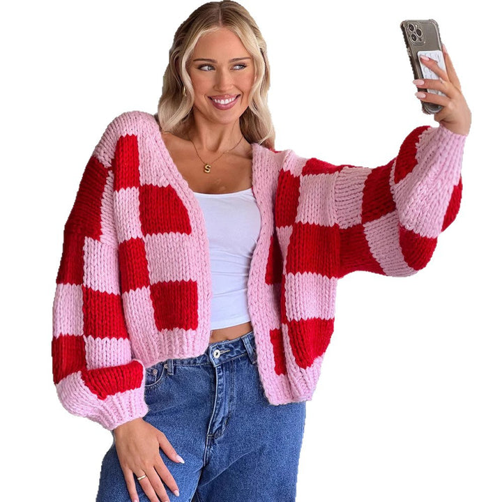 Chunky knit jacket for women with a modern check pattern Lune London