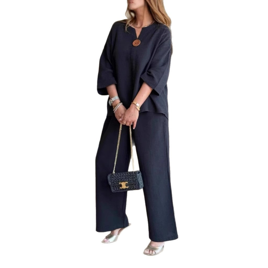Lightweight linen two-piece clothing set for women with button details Lune London