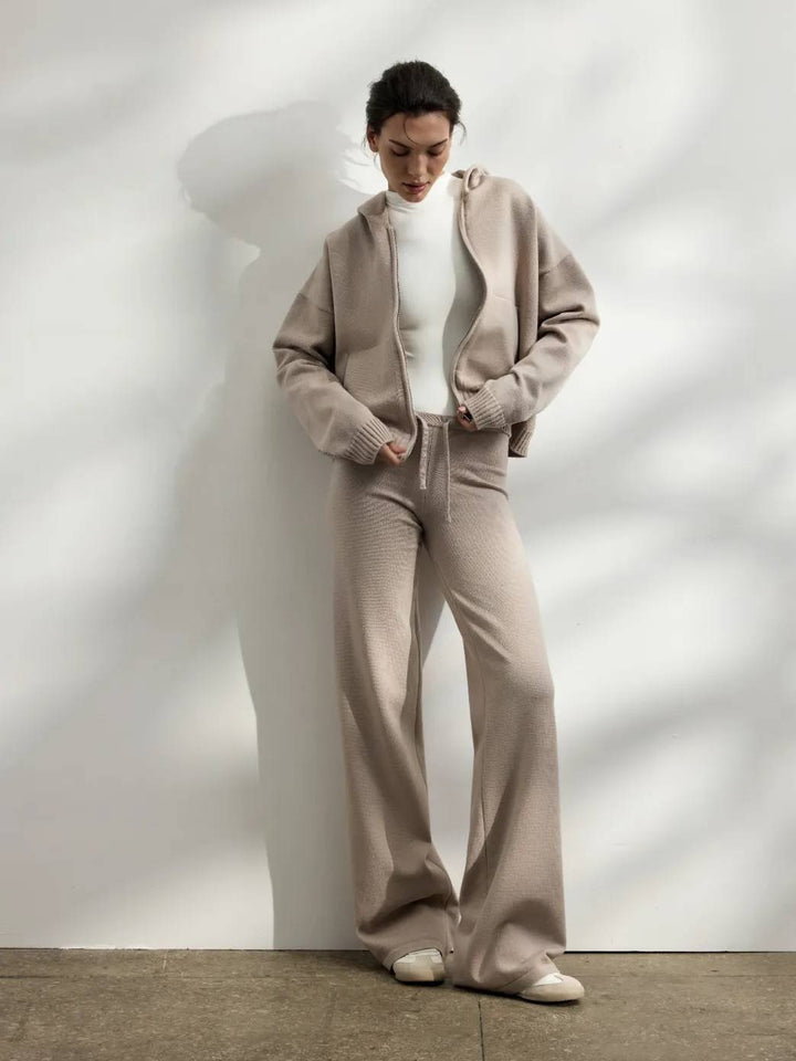 Casual knit outfit for women with hoodie jacket and comfortable palazzo pants Lune London
