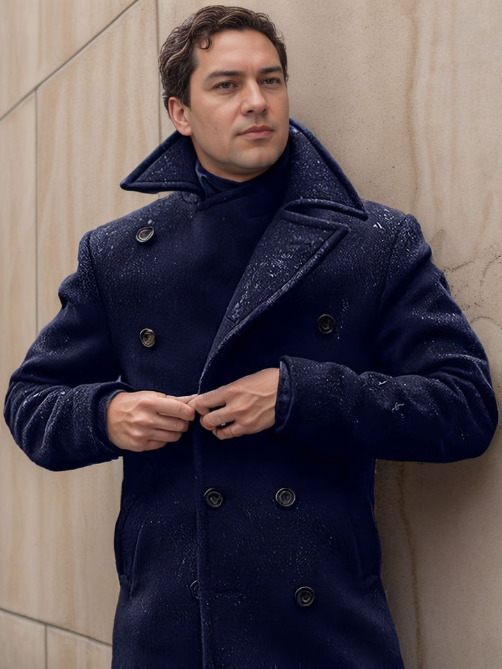 Elegant double-breasted wool coat for men with textured superior material Lune London