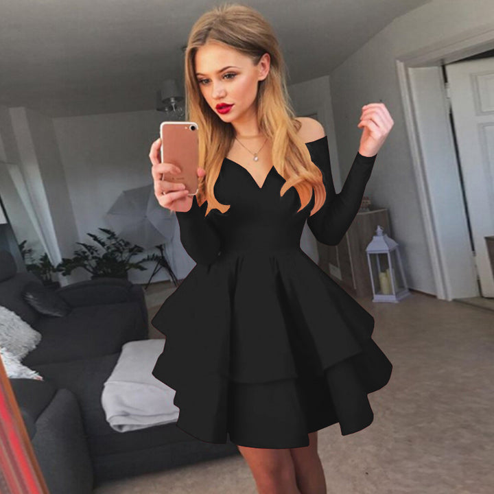 Women Playful Off-Shoulder Cocktail Dress with Ruffles and Deep V Neck Lune London
