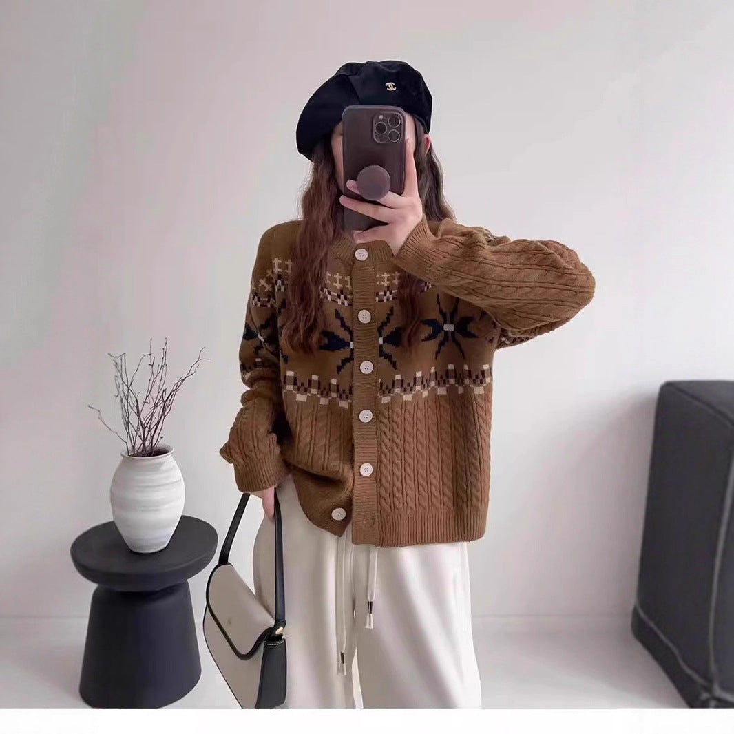 Women's knitted jacket with traditional patterns and large buttons Lune London