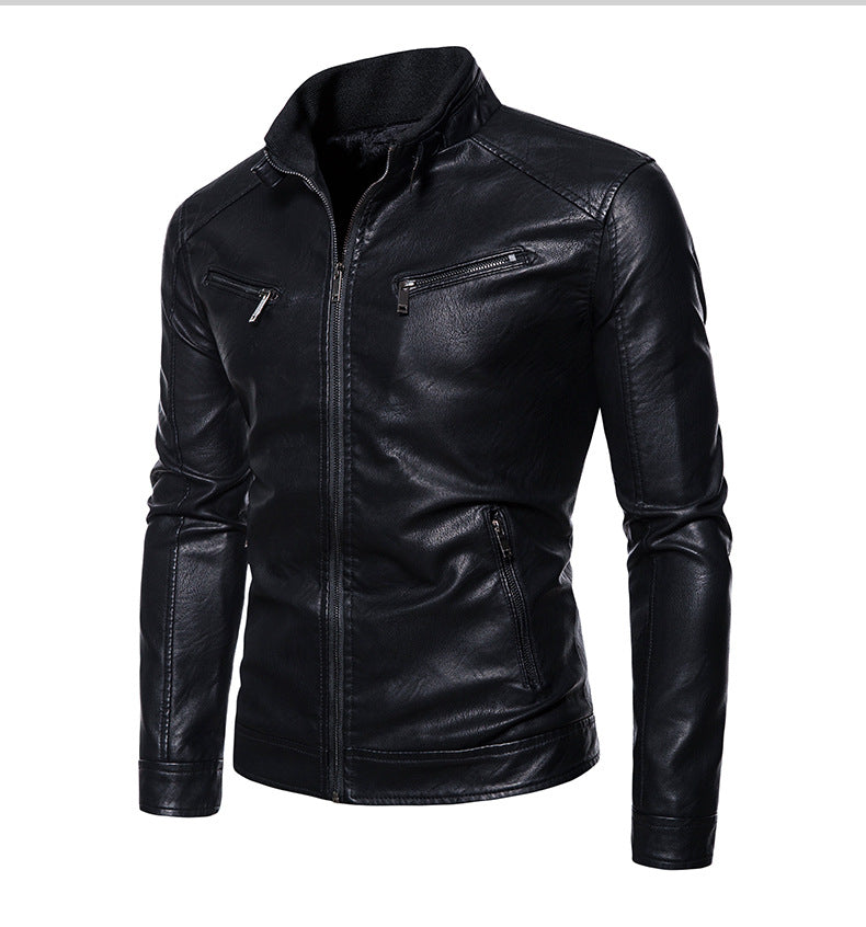 Men's leather jacket with modern high collar and innovative zippered pockets Lune London