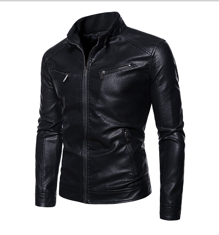 Men's leather jacket with modern high collar and innovative zippered pockets Lune London