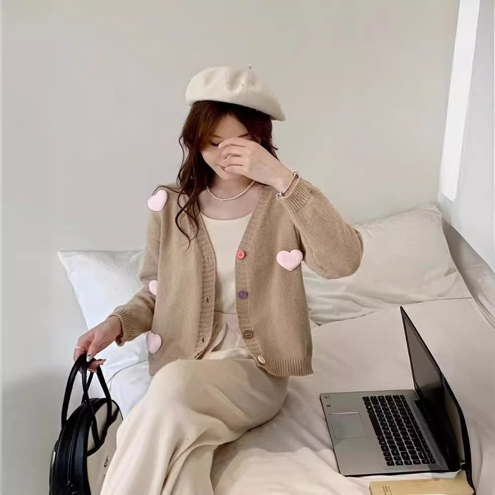 Women Comfortable Knit Jacket with Hearts and Colorful Button Details Lune London