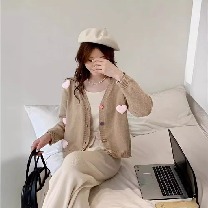 Women Comfortable Knit Jacket with Hearts and Colorful Button Details Lune London
