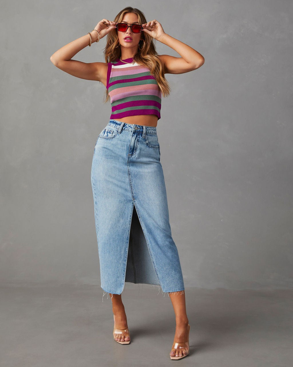 Women's high-cut denim mid skirt with side slit and frayed hems Lune London