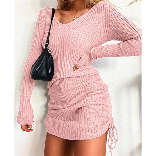Ribbed knit dress for women with deep V-neck and adjustable ruching Lune London