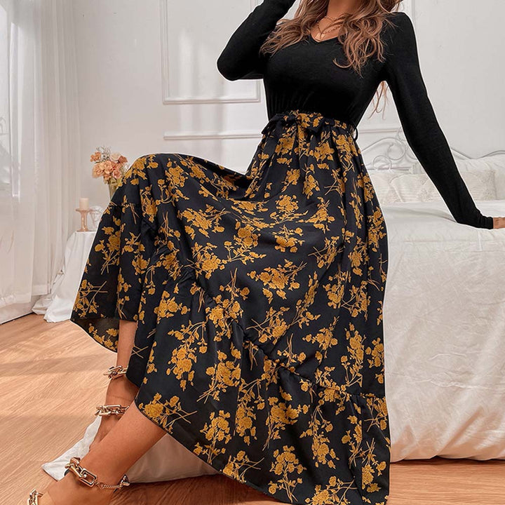 Robe maxi pour femme avec décolleté en V profond et jupe fleurie Chic & Stil