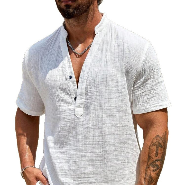 Men's short sleeve Henley shirt with modern stand-up collar in lightweight cotton material Lune London